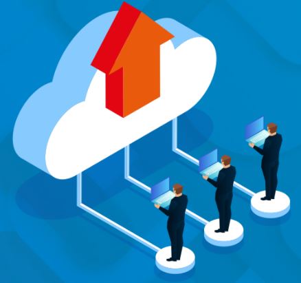Three businessmen standing on pedestals that are connected to a cloud
